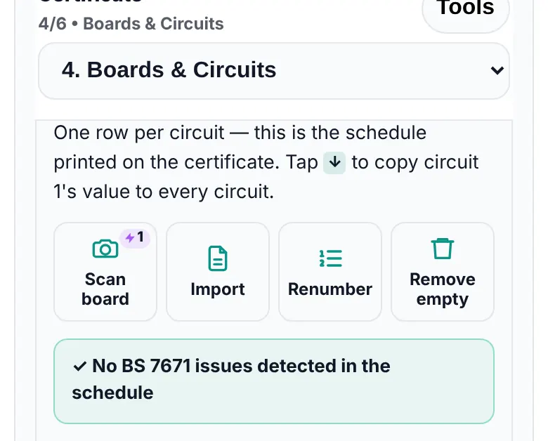 Schedule of circuits with Scan board, Import, Renumber and Remove empty buttons