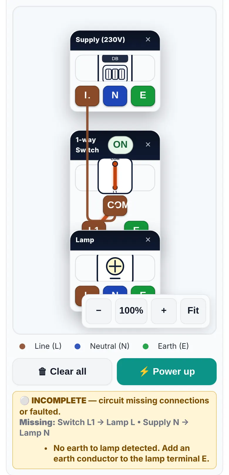A powered-up 1-way lighting circuit with Clear all and Power up buttons
