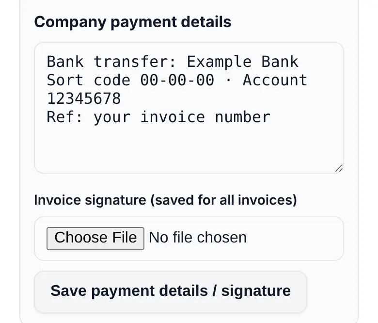 Company payment details box on an invoice page