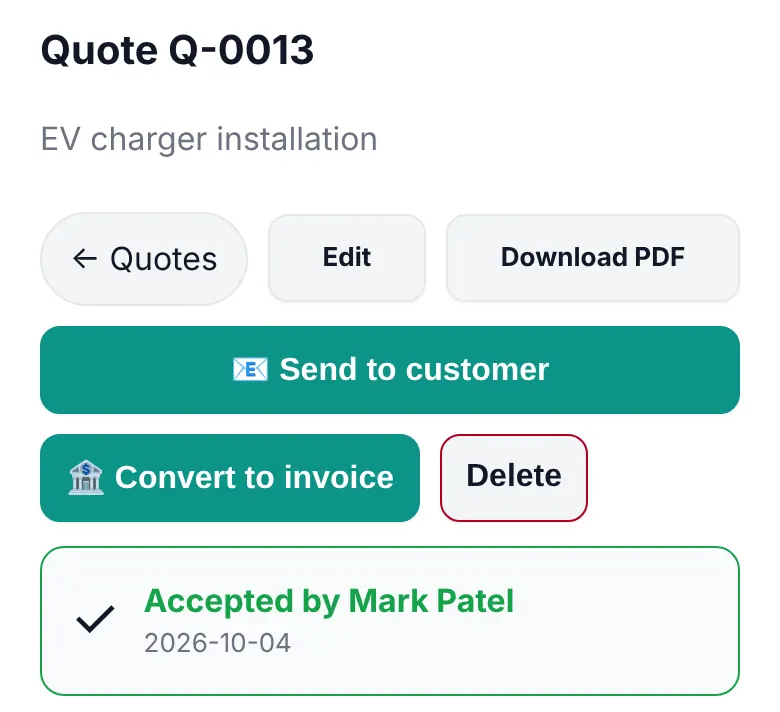 A sent quote showing Send to customer, Convert to invoice and an Accepted banner