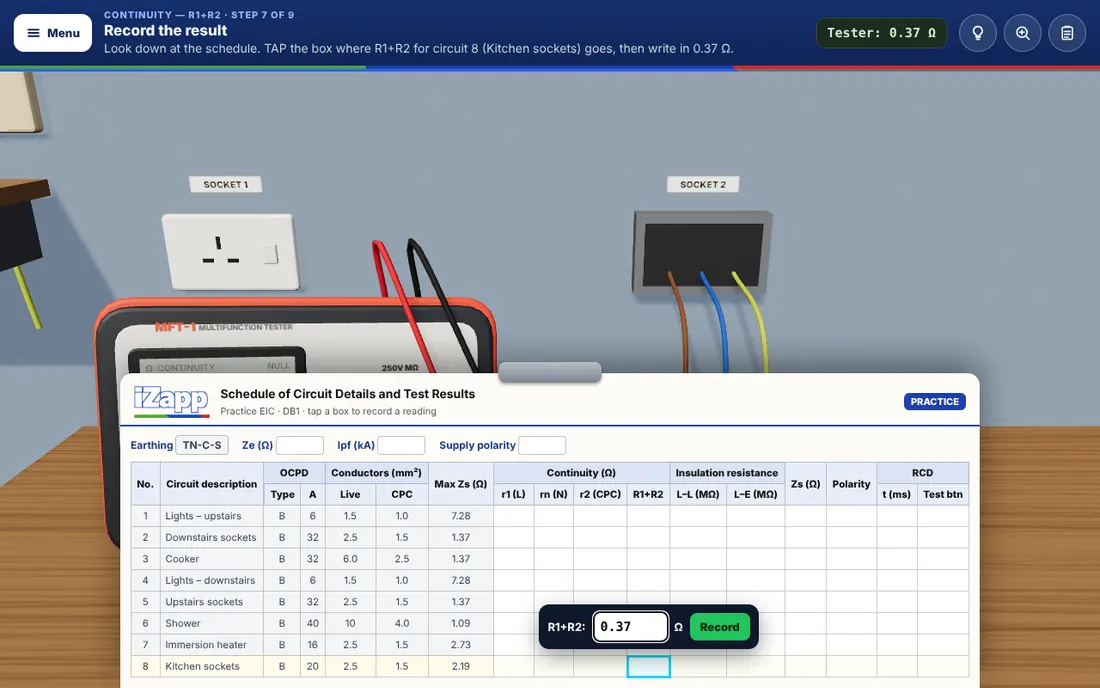 Practice schedule of test results with the R1+R2 box being filled in