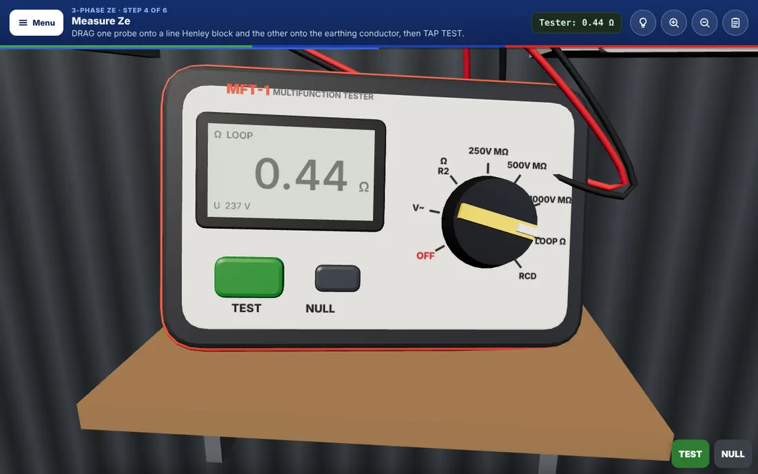 3D multifunction tester on the loop impedance range reading 0.44 ohms
